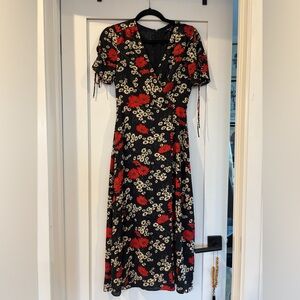 Madewell Black Midi Wrap Dress with Red & Cream Floral Print